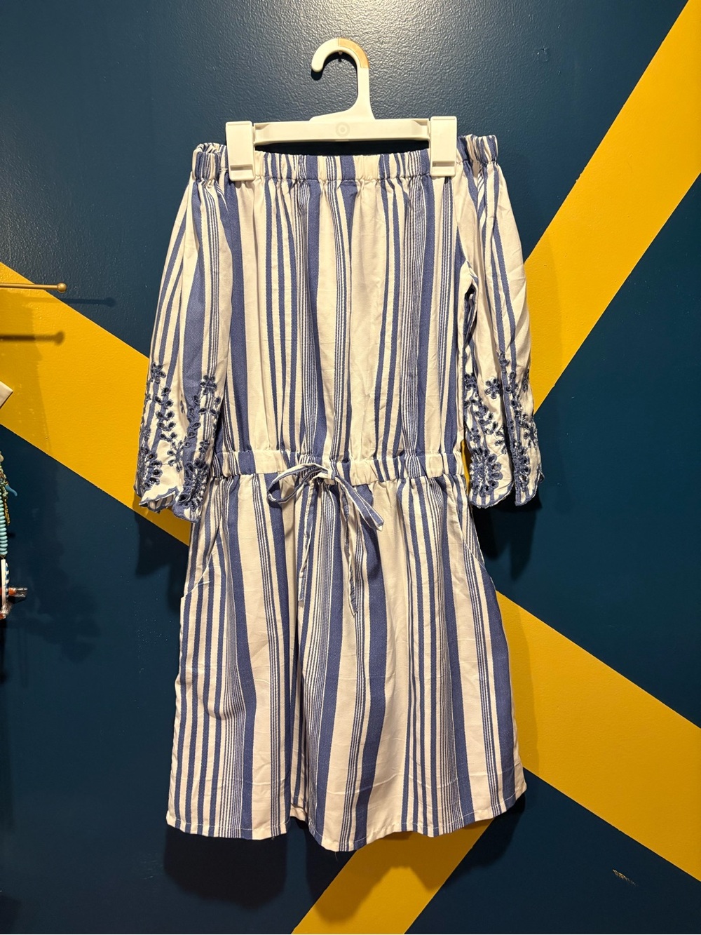 Style House Blue & White Stripe Embroidered Sleeve Mini Dress EUC